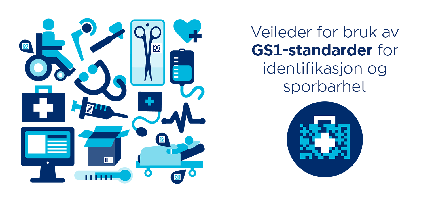 Grafikk av helseartikler, medisiner og utstyr og helse ikonet til GS1.